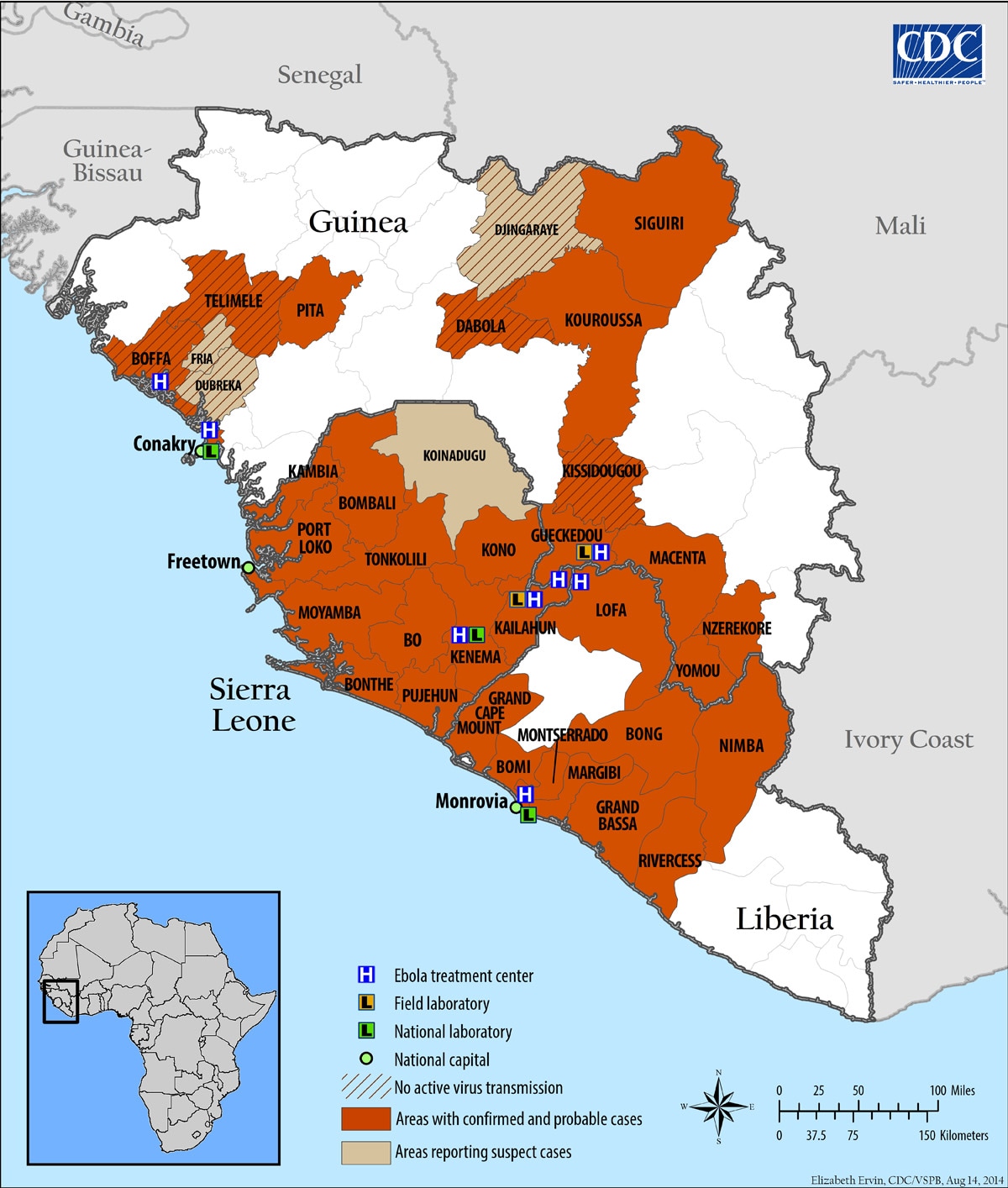Distribution map showing districts and cities reporting suspect cases of Ebola