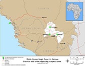 Distribution map showing districts and cities reporting suspect ceses of Ebola.  Suspected cases were reported in Kissidougou, Gueckedou, Macenta, and Nzerekore