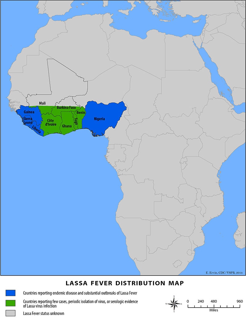 Lassa Fever distribution map. Countries reporting endemic disease and substantial outbreaks are Guinea, Sierre Leone, Liberia, and Nigeria. Countries reporting few cases, periodic isolation of virus, or serologic evidence of Lassa virus infection are Mali, Burkina Faso, Cote d'Ivoire, Ghana, Togo, and Benin.