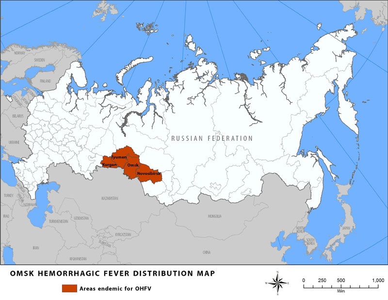 Distribution map showing areas endemic for Omsk Hemorrhagic Fever.  Countries are Kuran, Tyumen, Omsk, and Novosibirsk