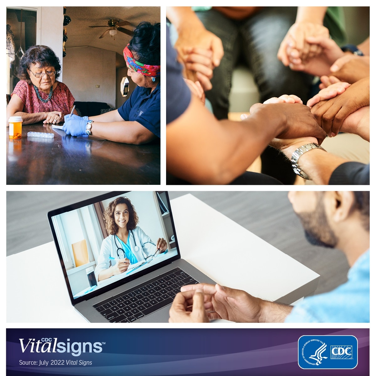 Photo collage of a nurse talking with a patient, people holding hands, and a doctor talking to a patient through a computer.