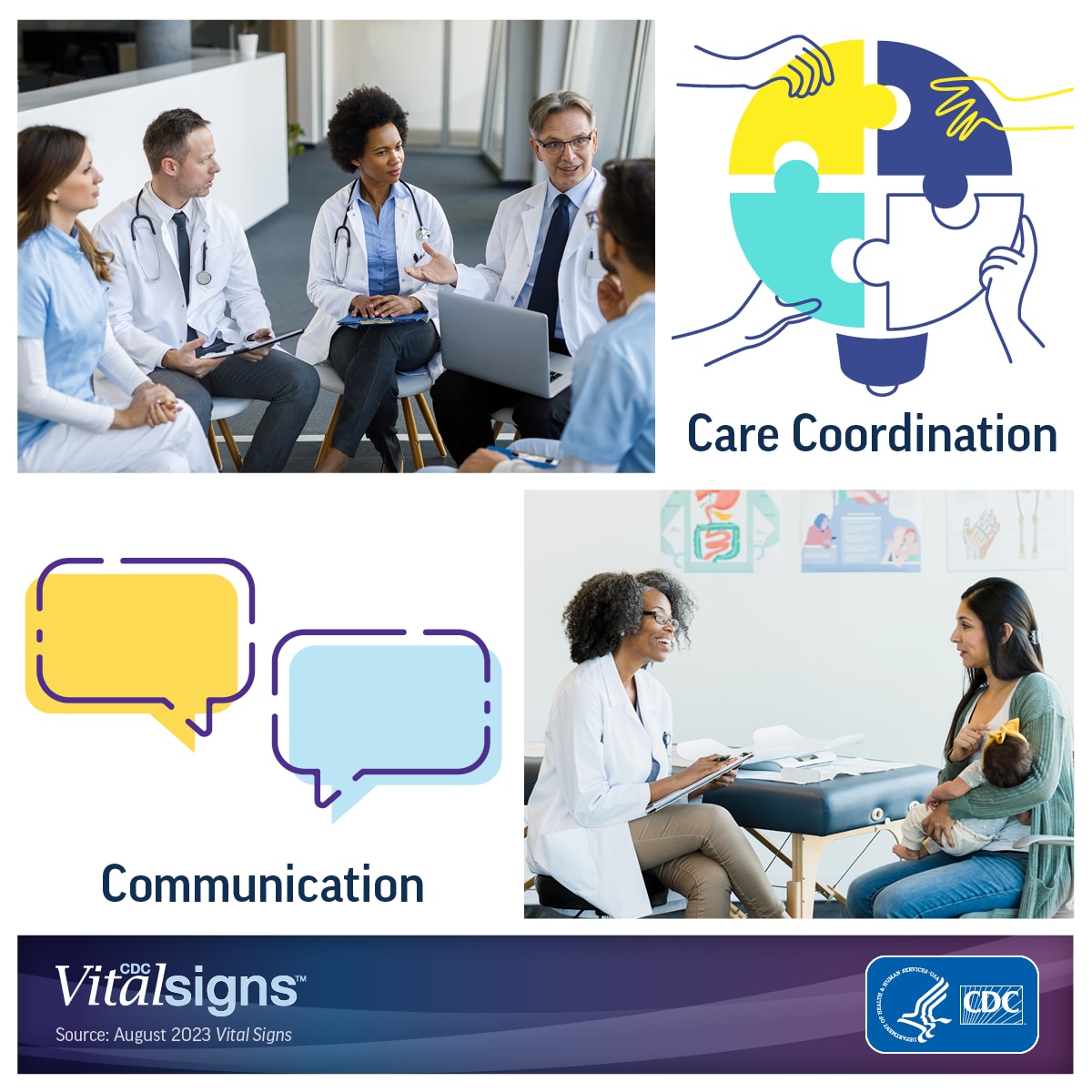 Collage of a group of doctors having a discussion, puzzle pieces being put together, speech bubbles, and a doctor speaking with a mother holding a child.