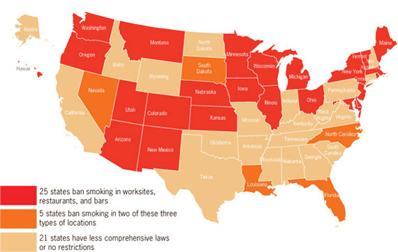	Map: This image is a color-coded map of the United States that displays which states ban smoking in worksites, restaurants, and bars; which states ban smoking in two of these locations; and which states have less comprehensive bans or no restrictions.  States with bans in worksites, restaurants, and bars = Washington, Oregon, Montana, Utah, Arizona, Colorado, New Mexico, Nebraska, Kansas, Minnesota, Iowa, Wisconsin, Illinois, Michigan, Ohio, New York, Vermont, Maine, Massachusetts, New Jersey, Rhode Island, Delaware, Maryland, District of Columbia, Hawaii. States with bans in two of these locations = Nevada, South Dakota, Louisiana, Florida, North Carolina. States with less comprehensive bans or no restrictions = Alaska, California, Idaho, Wyoming, North Dakota, Oklahoma, Texas, Missouri, Arkansas, Indiana, Kentucky, Tennessee, Mississippi, Alabama, Georgia, South Carolina, West Virginia, Virginia, Pennsylvania, New Hampshire, Connecticut.