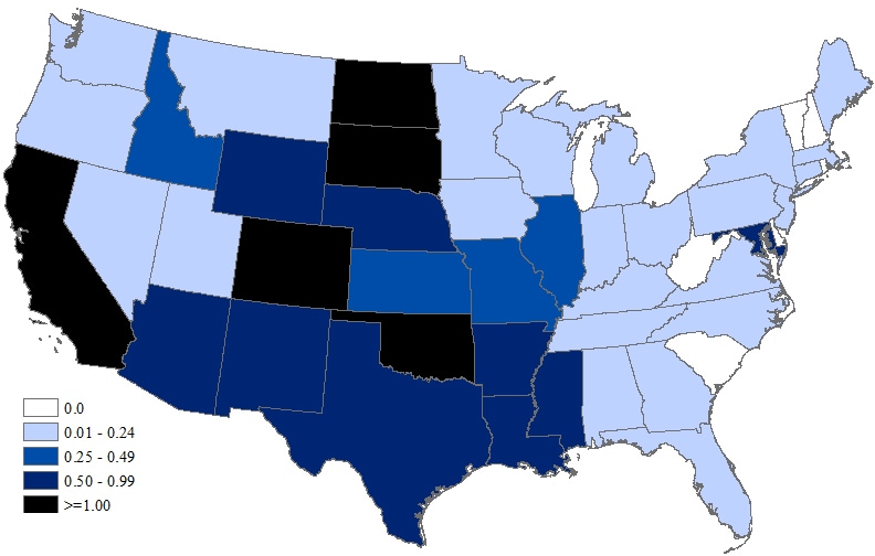 This map shows the incidence of human West Nile virus neuroinvasive disease (e.g., meningitis, encephalitis, or acute flaccid paralysis) by state for 2015 with shading ranging from 0.01-0.24, 0.25-0.49, 0.50-0.99, and greater than 1.00 per 100,000 population.