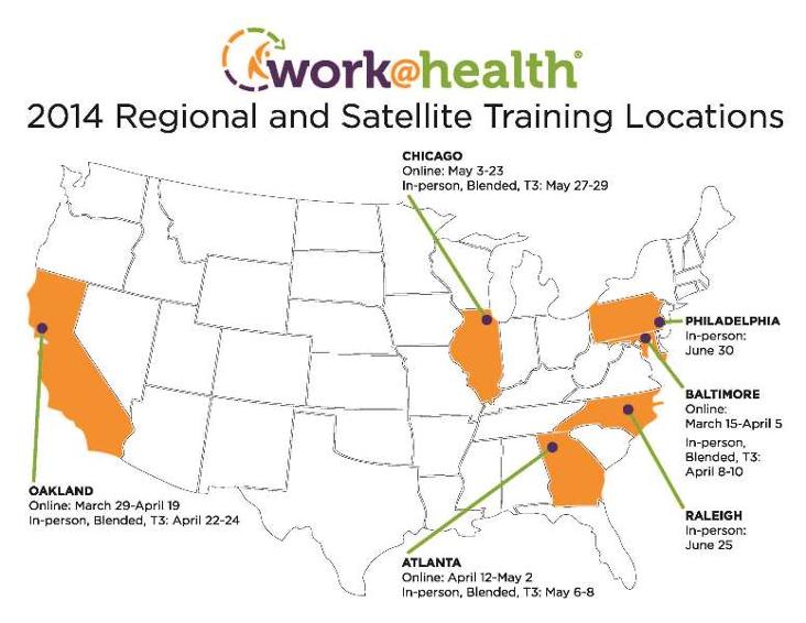 U.S. map showing the eight locations of the Work@Health regional and satellite training locations.