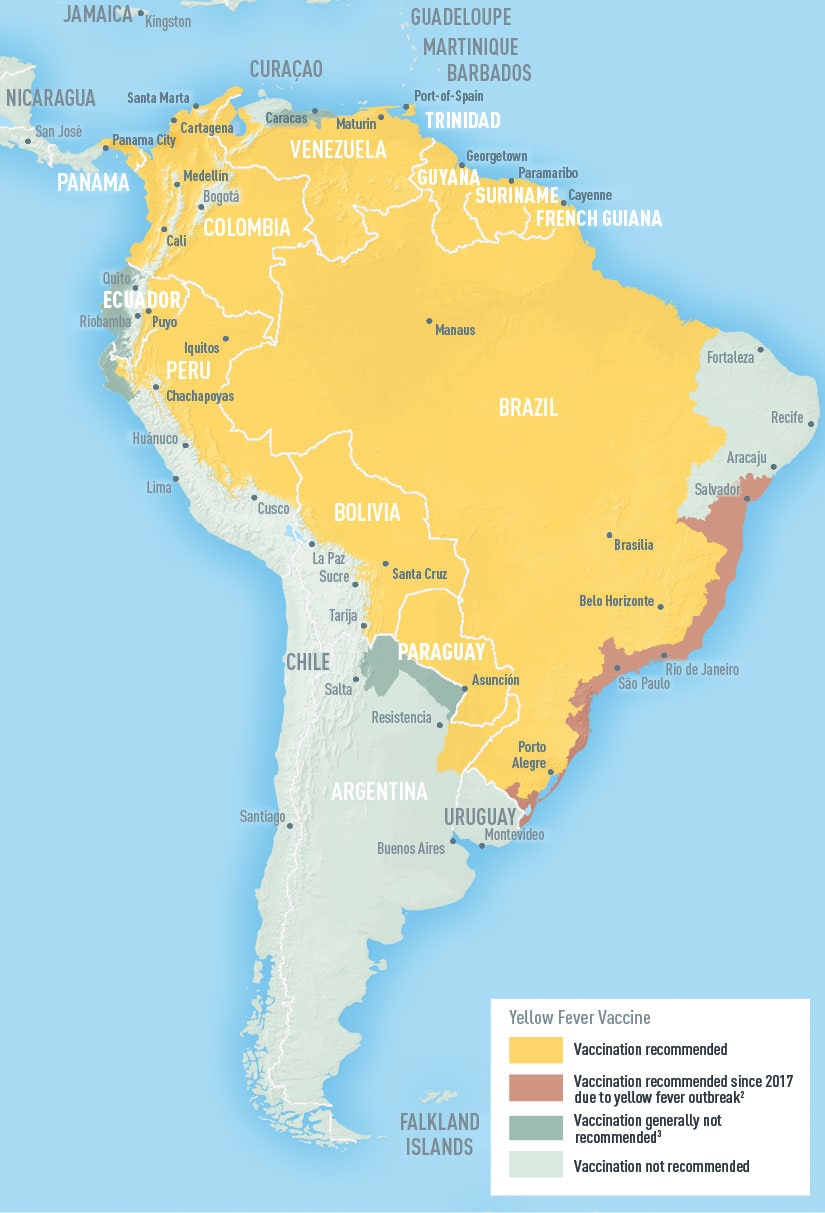  Map: South America showing areas at risk for Yellow Fever Transmision in Columbia, Venezuela, Guyana, Suriname, French Guiana, Brazil, Paraguay, and parts of Ecuador, Peru, Bolivia, Argentina, and Uruguay