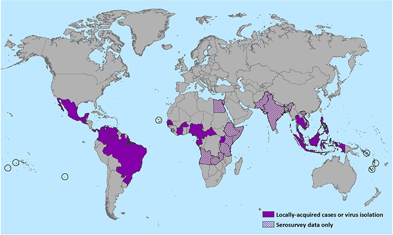 World map showing countries that have reported outbreaks of Zika virus. The countries affected are tropical Africa, in some areas in Southeast Asia and Pacific Islands