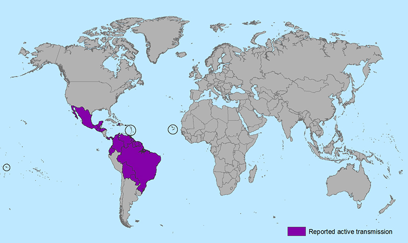 World map showing countries and territories with reported active transmission of Zika virus (as of January 22, 2016). Countries are listed in the table below.