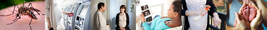 montague of images: mosquito, airport ticket kiosk, Doctor talking to pregnant woman in an examination room, Pregnant woman looking at sonogram, Pregnant woman wearing long sleeves and applying insect repellent onto her hands, and hands cupping a babys feet
