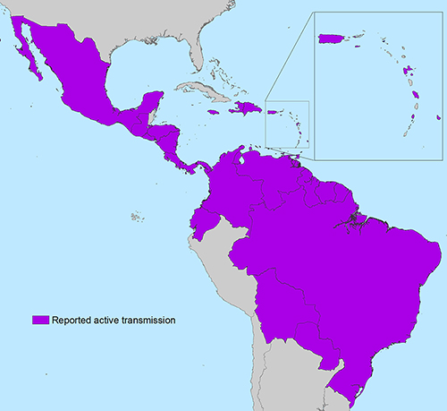 Map showing countries in the Americas that have reported active Zika virus transmissions.