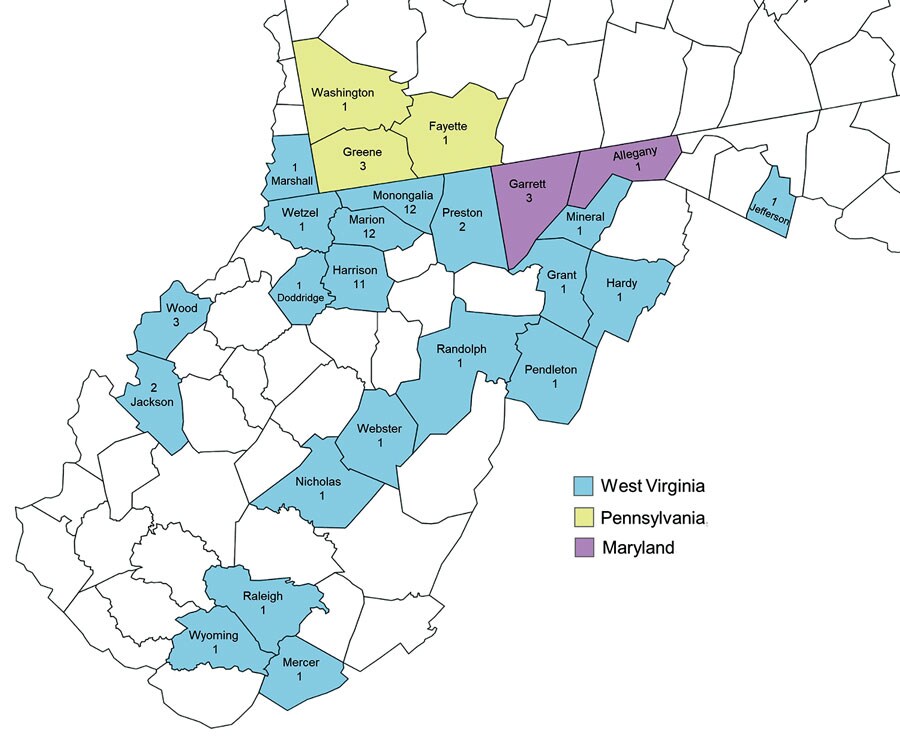 Geographic distribution of patients with invasive group A Streptococcus infection in West Virginia, USA, 2020–2021. A total of 56 iGAS isolates were collected from patients in 20 counties. Residence status for 9 patients was undocumented, and 9 patients were listed as homeless; in those cases, we used the county of residence for the billing address. Nine isolates were from neighboring counties in Pennsylvania and Maryland. The predominant emm type in the 3 West Virginia counties containing the most isolates was emm92 (10 isolates in Harrison County, 6 in Marion County, and 8 in Monongalia County) (Appendix Table 3).