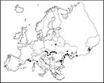 Thumbnail of European distribution of West Nile virus, based on the virus isolation from mosquitoes or vertebrates, including humans (black dots), laboratory-confirmed human or equine cases of West Nile fever (black squares), and presence of antibodies in vertebrates (circles and hatched areas).