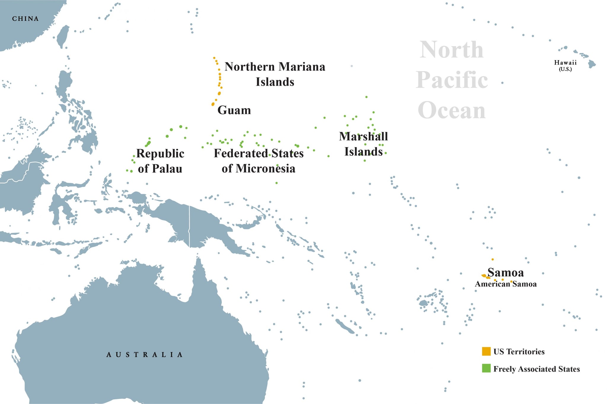 A map showing the Pacific islands. Water is shown in white and most land is shown in teal. Samoa and the Northern Mariana Islands are shown in orange, denoting that they are US territories. The Republic of Palau, the Federated States of Micronesia, and the Marshall Islands are shown in green, denoting that they are freely associated states.