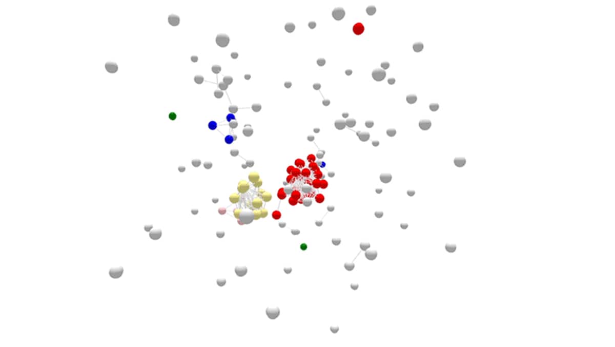 Colorful spheres that represent cases in a foodborne outbreak on a dark background