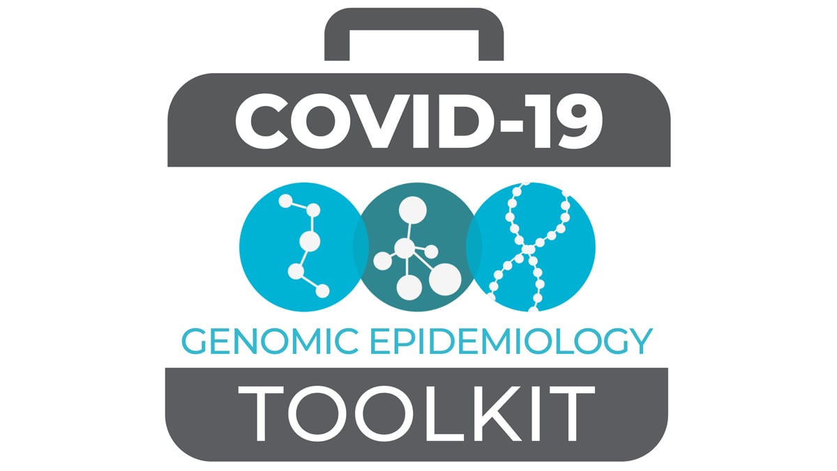 Decorative image with text COVID-19 Genomic Epidemiology Toolkit