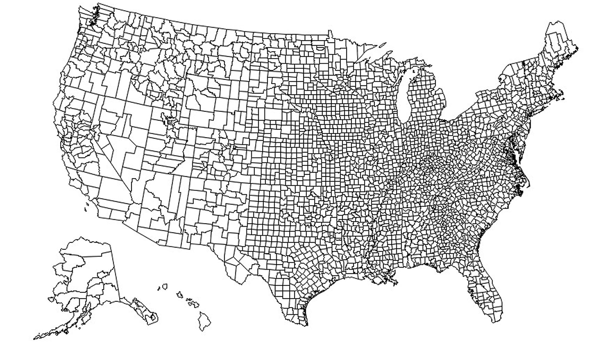 Map of the United States showing every county in the country.