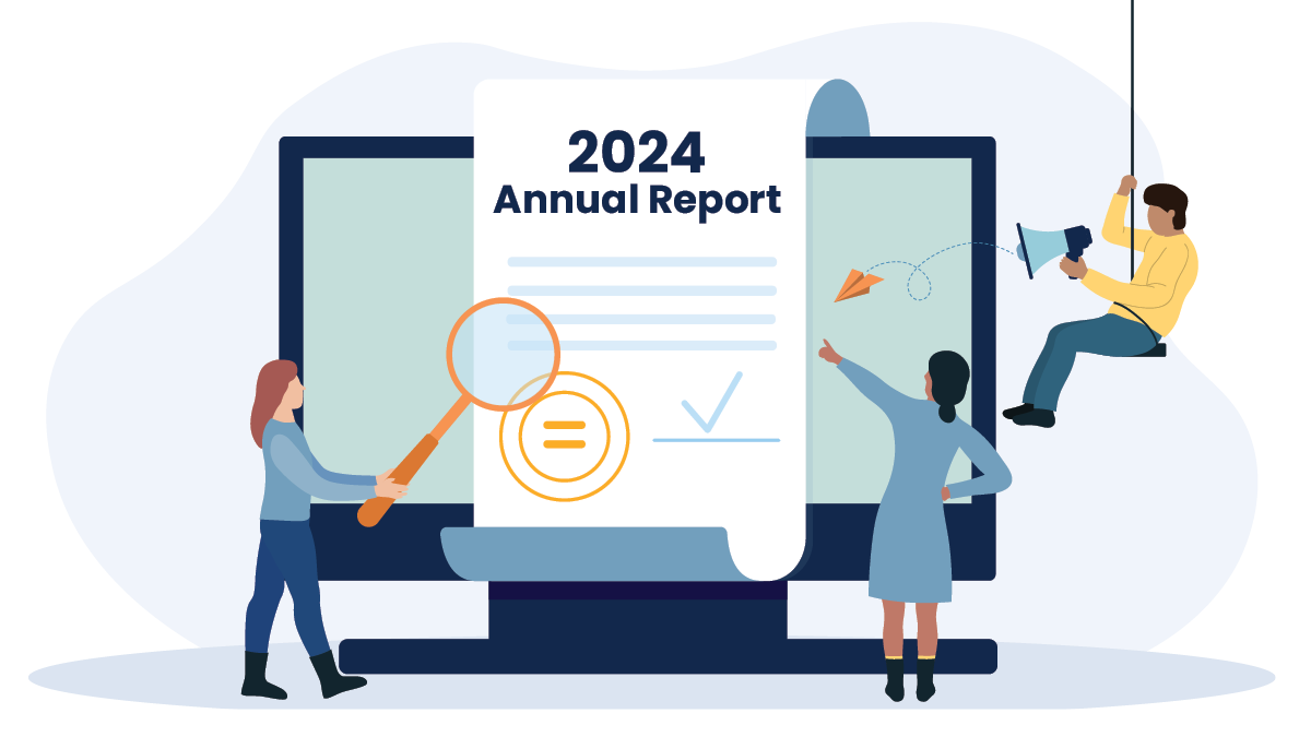 Graphic illustrating a group of people reviewing CFA's 2024 Annual Report