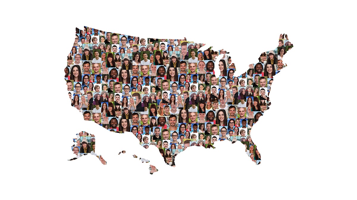 USA map multicultural group of young people integration - stock photo