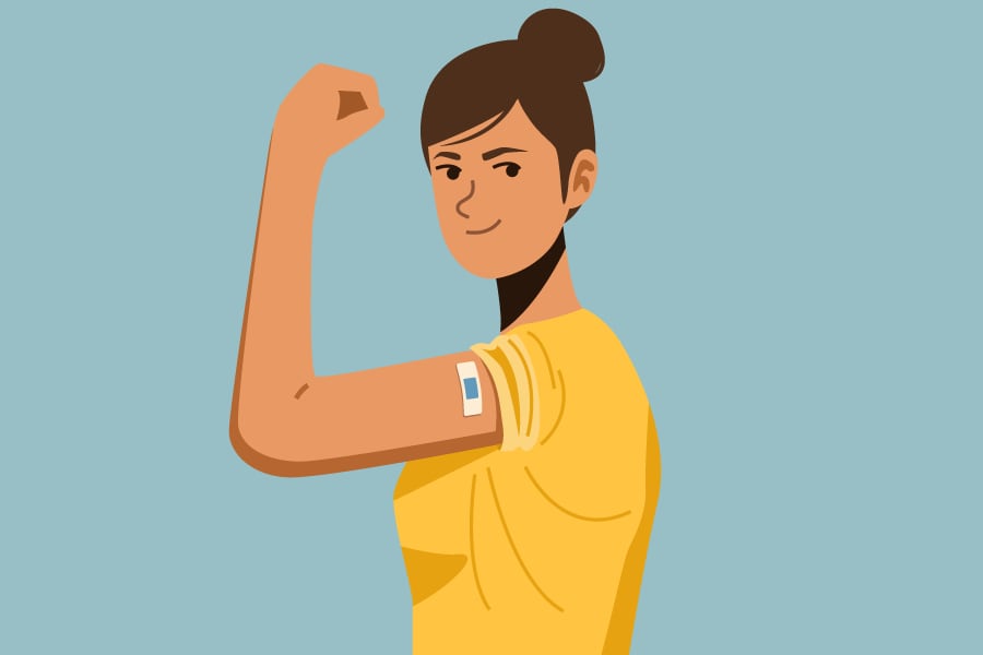 Illustrated graphic of a woman in a yellow shirt making a muscle with one arm and wearing a bandage on her arm