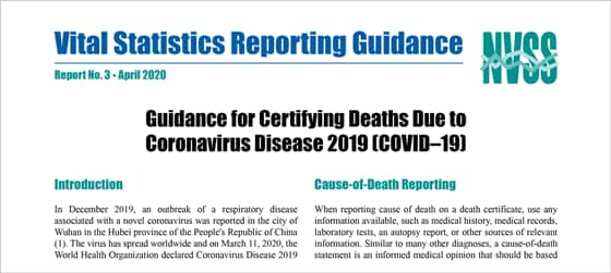 Graphic 2 is a screen shot of Vital Statistics Reporting Guidance for Certifying Deaths Due to Coronavirus Disease 2019 (COVID-19) from the NCHS Covid-19 web page.