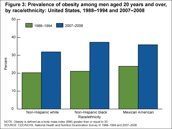 Figure 3 is a bar chart showing the prevalence of obesity among adult men aged 20 and over in 1988%26ndash;1994 and 2007%26ndash;2008 for non-Hispanic white, non-Hispanic black, and Mexican-American men.