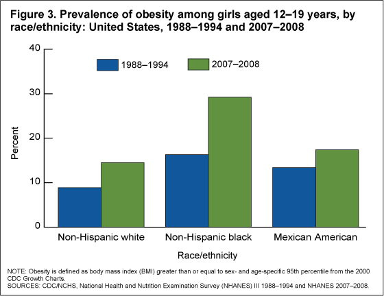 Figure 3 is a bar chart showing the prevalence of obesity among adolescent girls aged 12%26ndash;19 years in 1988%26ndash;1994 and 2007%26ndash;2008 among non-Hispanic white, non-Hispanic black, and Mexican-American girls.