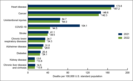 Figure 4. Age-adjusted death rate for the 10 leading causes of death in 2022: United States, 2021 and 2022