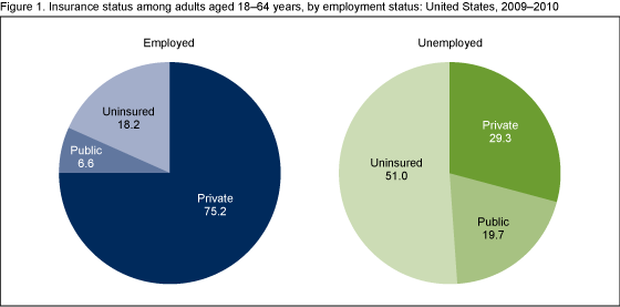 Figure 1 is a pie chart showing the distribution of health insurance status for employed and unemployed adults aged 18%26ndash;64.