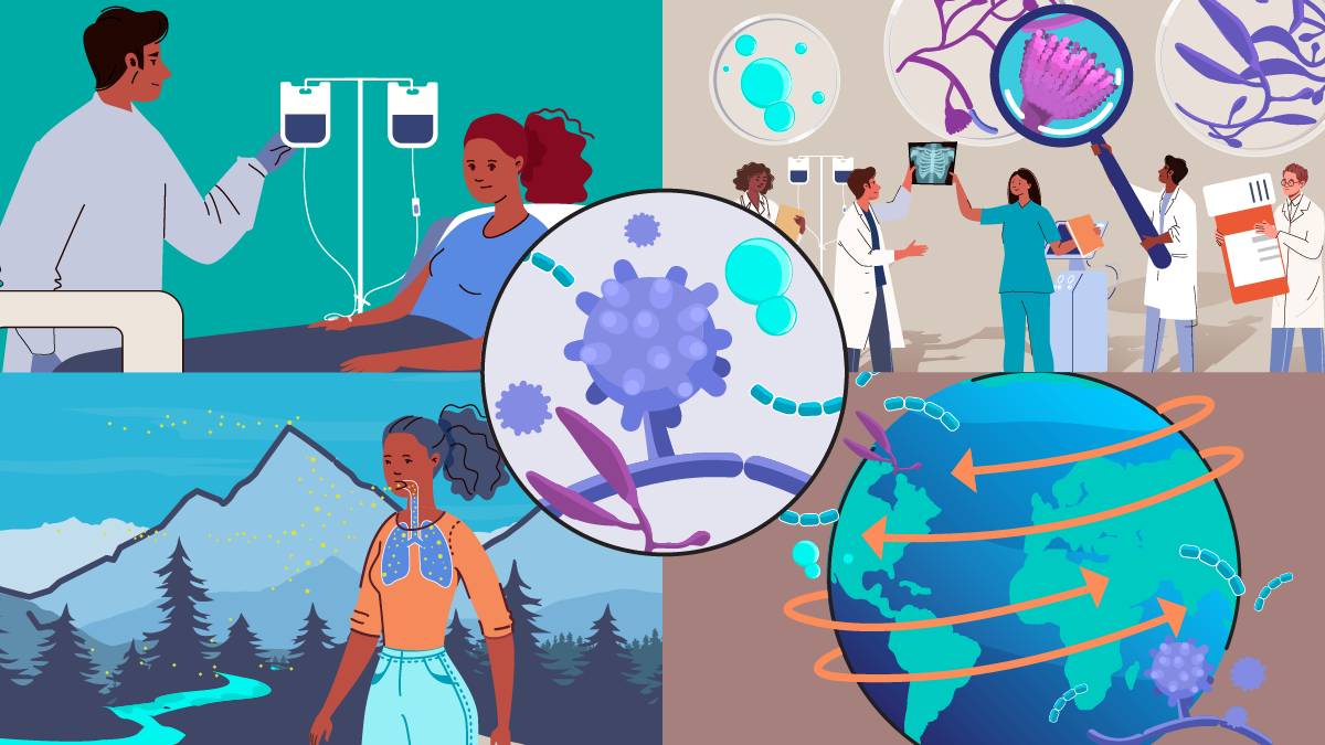 composite of 4 separate illustrations in squares with a circle in the center with microscopic fungi. The first square in the upper left is a patient in the hospital on IVs and a doctor, the second image in the top right is a collection of healthcare providers and scientists looking at microscopic fungi, holding medications, and examining patients. The bottom left shows a girl breathing in fungal spores in an outdoor environment. The bottom right shows the globe with fungal spores around it and arrows showing movement across the globe.