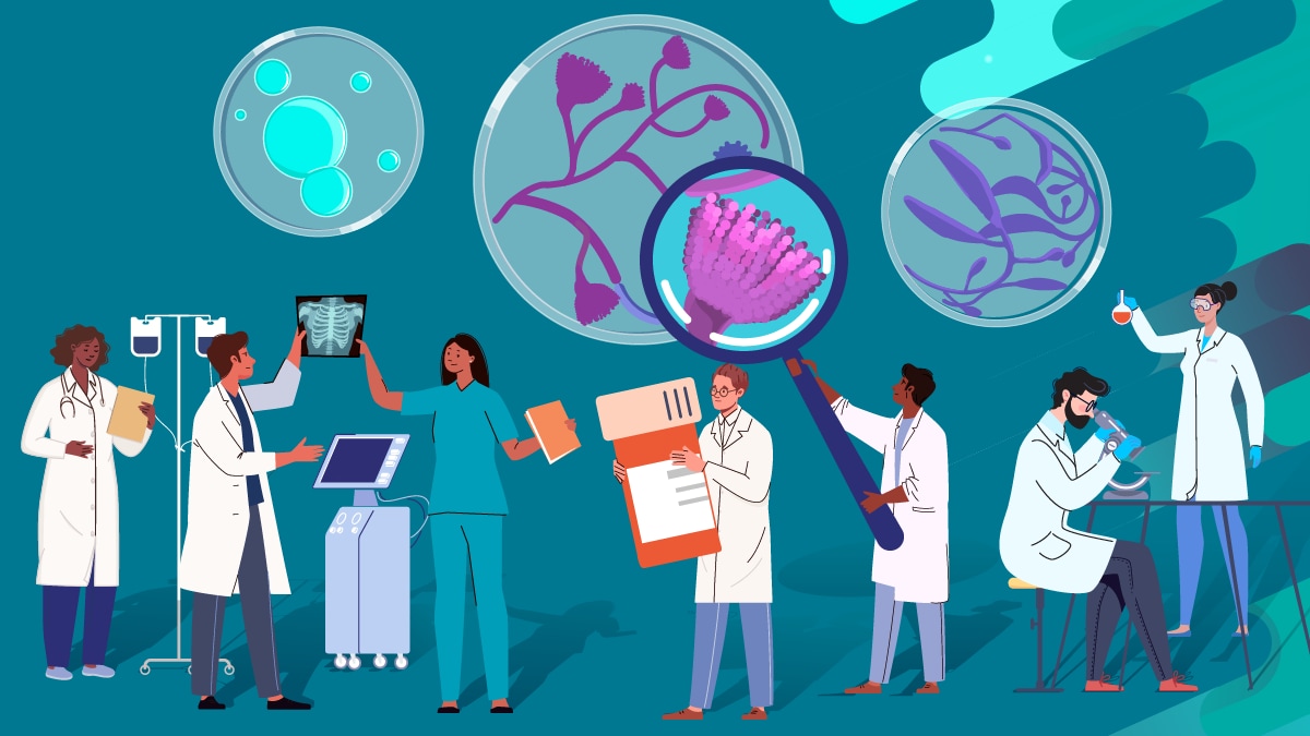A graphic illustration of doctors and laboratory professionals with medical and laboratory equipment and treatments surrounded by magnified illustrations of fungal pathogens.