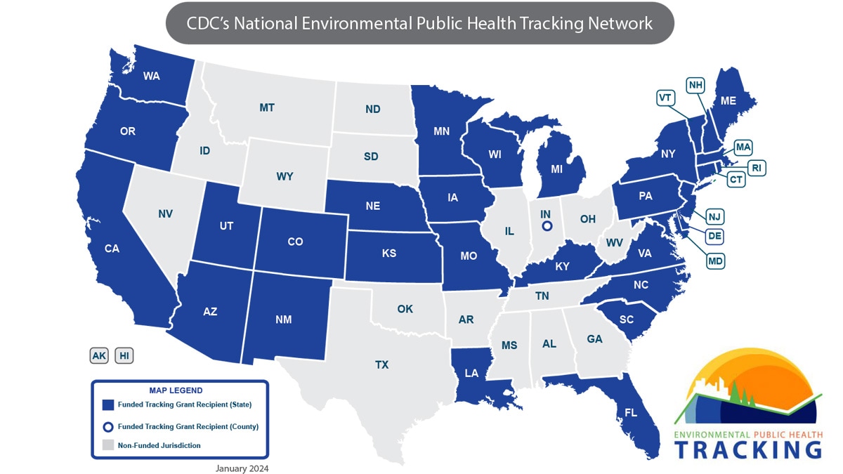 U.S. Map highlighting 33 CDC Tracking grant recipients