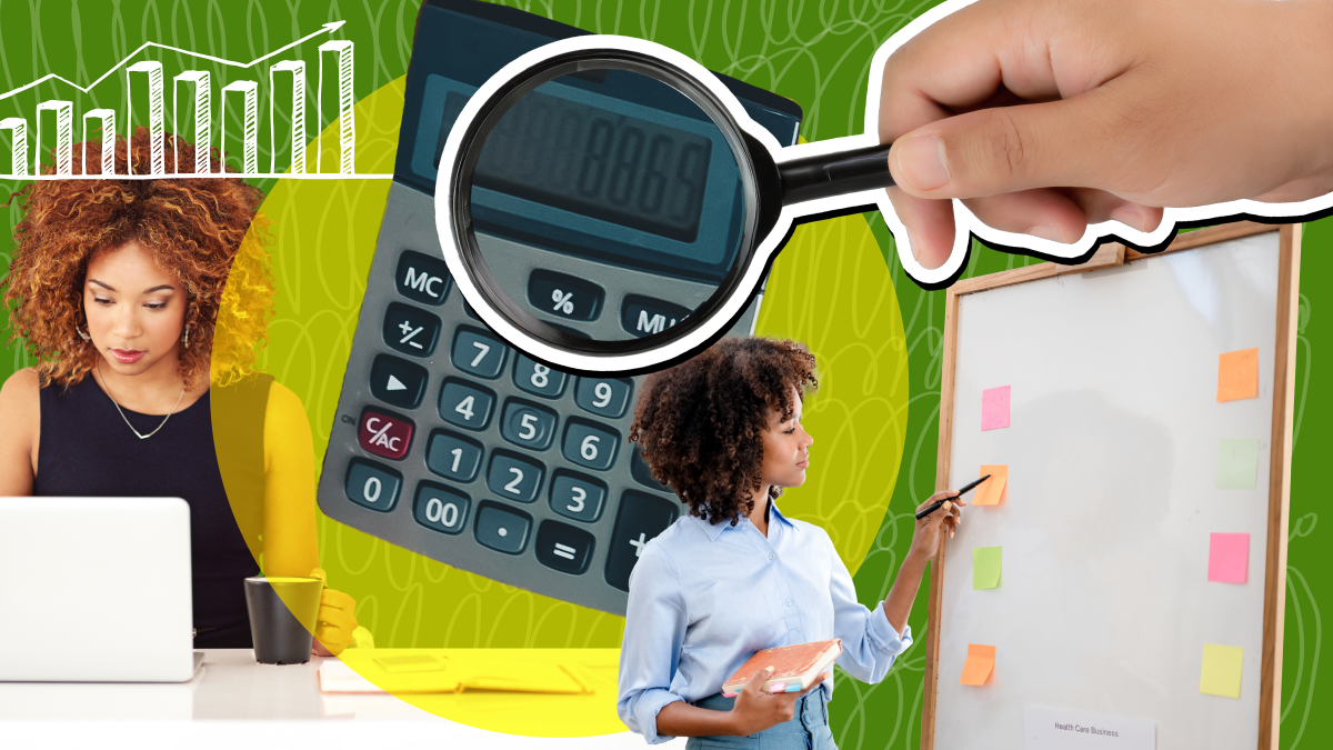 Stock photos of charts, calculator, a woman working in front of a computer, and a woman making a presentation.