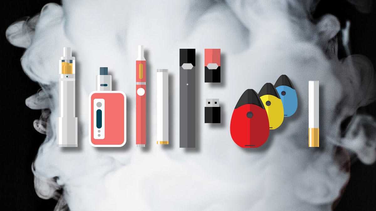 Visual depictions of e-cigarette and vaping devices with a backdrop of smoke
