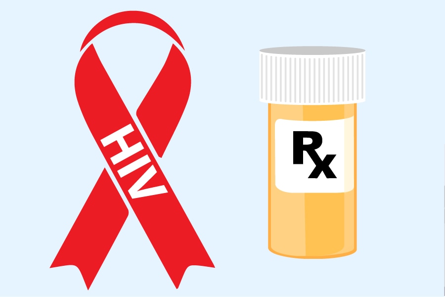 Image of prescription bottle and HIV ribbon for risk prevention 
