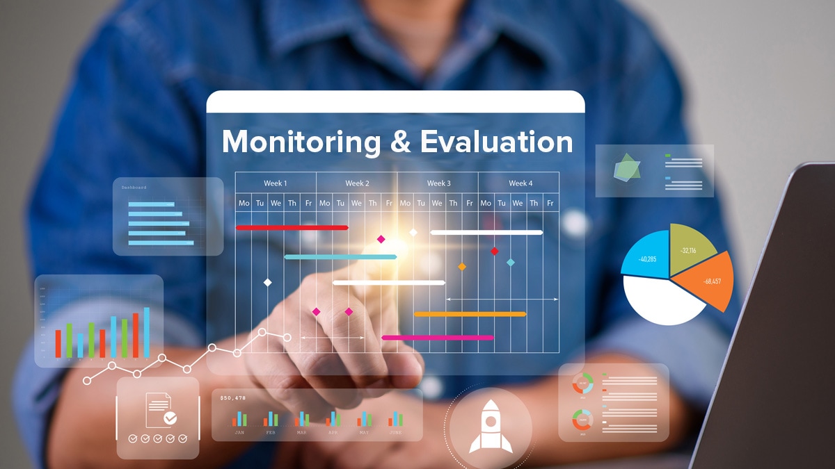 This image shows various charts and graphs and the words Monitoring & Evaluation.