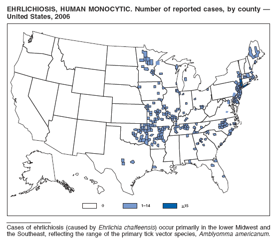 EHRLICHIOSIS, HUMAN MONOCYTIC. Number of reported cases, by county 
United States, 2006