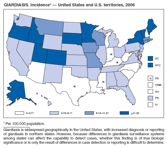 GIARDIASIS. Incidence*  United States and U.S. territories, 2006