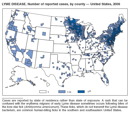 LYME DISEASE. Number of reported cases, by county  United States, 2006