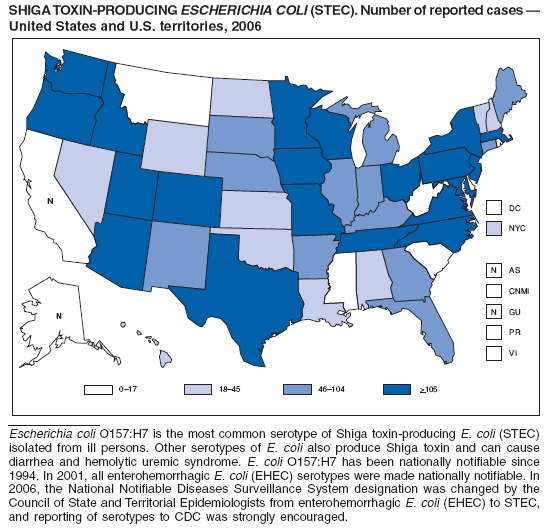SHIGA TOXIN-PRODUCING ESCHERICHIA COLI (STEC). Number of reported cases 
United States and U.S. territories, 2006