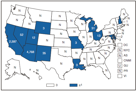 The figure shows the number of reported cases of coccidioidomycosis in the United States and U.S. territories in 2008. Coccidioidomycosis is endemic in Arizona (4,768 cases) and California (2,597 cases). Cases in other states are reportedly among travelers returning from areas where the disease is endemic.