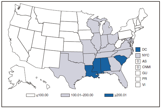 The figure shows the incidence of gonorrhea in the United States and U.S. territories in 2008. Cases are more prevalent in four southeast states and the District of Columbia. 