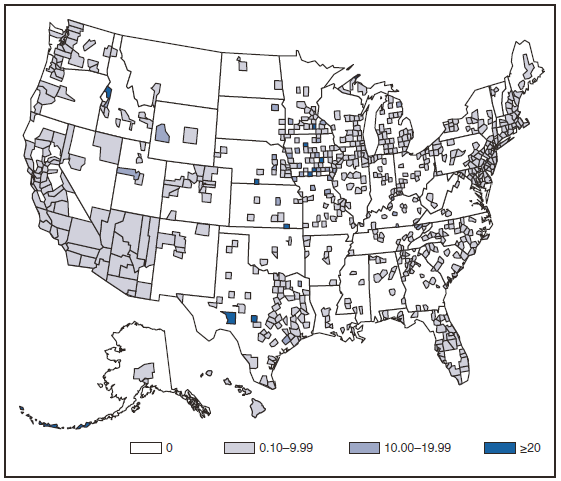 The figure presents the incidence of hepatitis A, by county, in the United States in 2008. Hepatitis A virus rates are the lowest ever reported in all regions. 