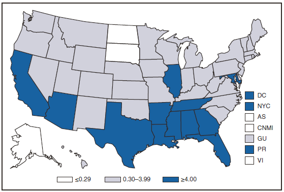 The figure presents incidence for primary and secondary syphilis in the United States and U.S. territories in 2008. The majority of cases were reported in the south and western states.