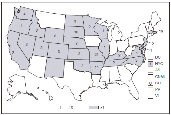 The figure shows the number of reported cases of tularemia in the United States and U.S. territories in 2008. The majority of cases were reported in Missouri and Massachusetts.