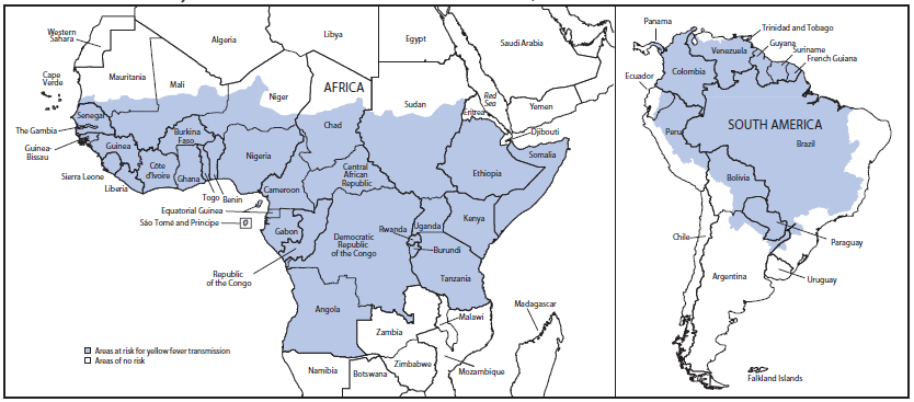 The figure shows the areas of Africa and South America in which the World Health Organization has indicated that yellow fever has been reported currently or in the past and areas where vectors and animal reservoirs currently exist.