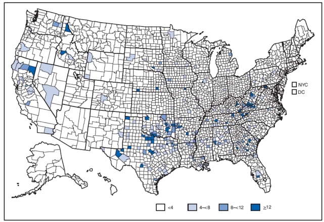 Incidence* of acute hepatitis B, by county --- United States, 2007