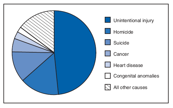 In 2005, a total of 13,073 deaths occurred among teens aged 15�19 years. The leading cause of death in this age group was unintentional injury, accounting for 48.3% of the deaths. Homicide accounted for 15.1% of the deaths and suicide for 11.8%, followed by cancer (5.3%), heart disease (2.8%), and congenital anomalies (1.8%).