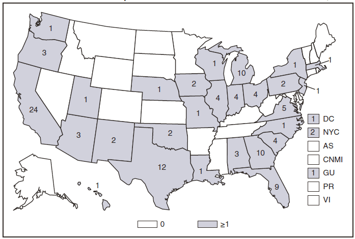 This figure is a map of the United States and U.S. territories that presents the number of brucellosis cases in each state and territory in 2009.