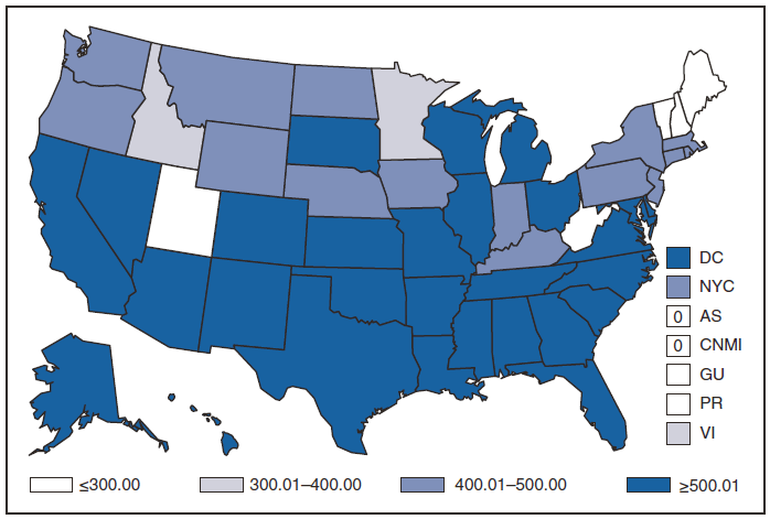 This figure is a map of the United States and U.S. territories that presents the incidence per 100,000 population of chlamydia among women in 2009.