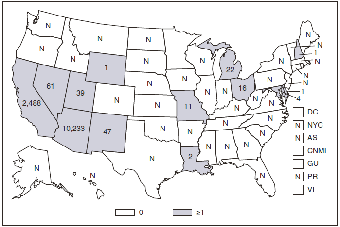 This figure is a map of the United States and U.S. territories that presents the number of coccidiodomycosis cases in each state and territory in 2009.